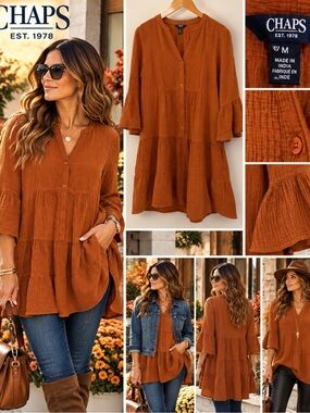 Chaps Women's Rust Tiered Button-Front Tunic Top